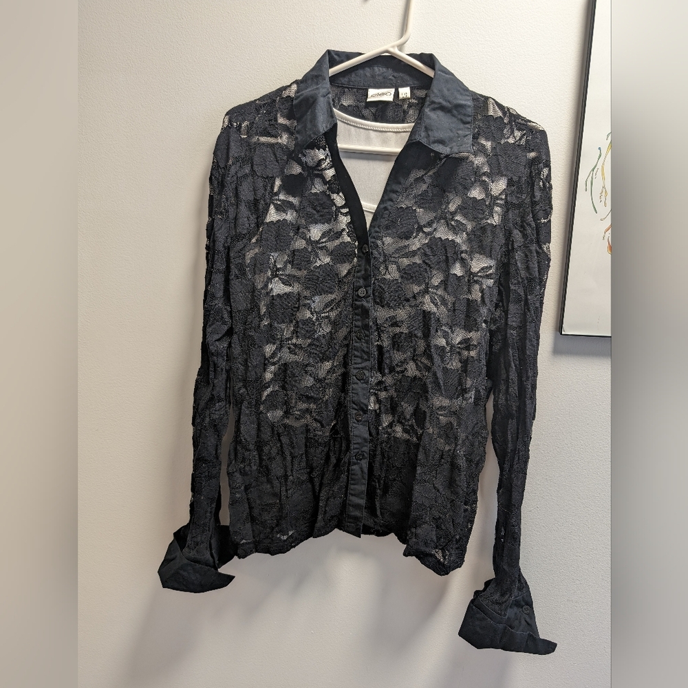 Black Floral Sheer Button Up Blouse